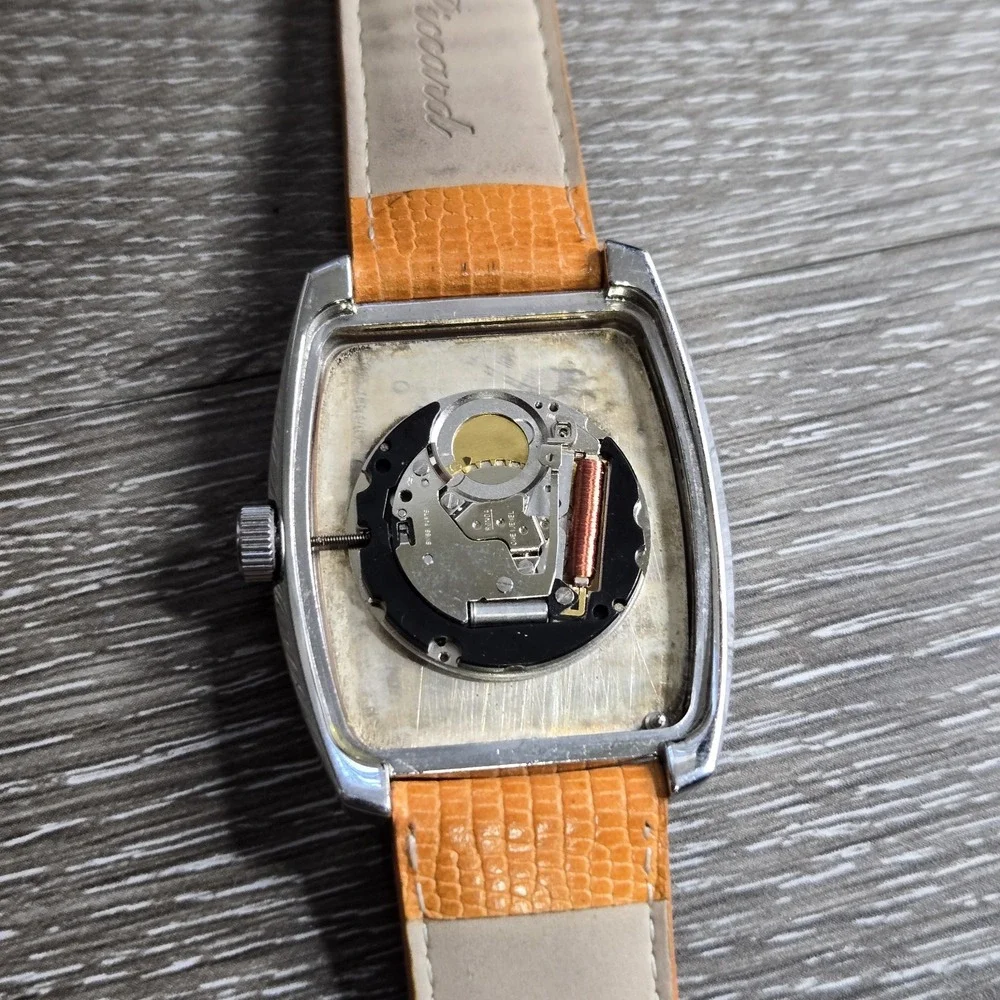 Lucien Piccard Swiss Watch Tonneau Orange Dial Date Leather Strap Water Resist